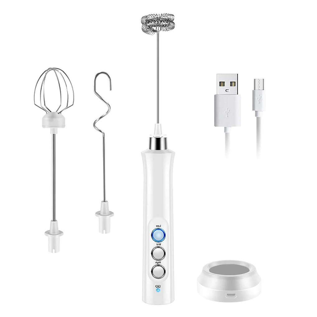 TureClos 3 in 1 Milk Frother Cordless Speed Adjustable Butter Stirrer Egg Whisk Mixer 2.5W Handheld Foamer Kitchen Foam Maker Creamer White